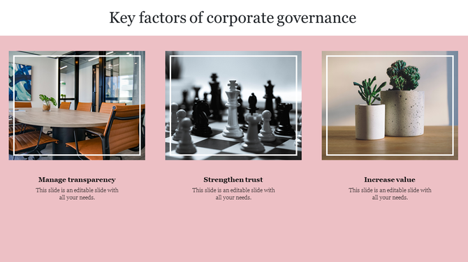Corporate governance template with a pink background, showing icons for managing transparency and increasing value.
