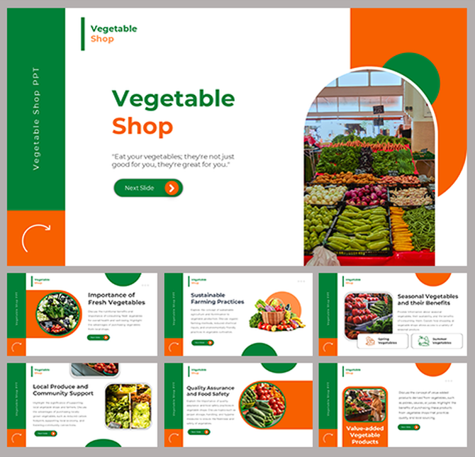 Vegetable shop display with various fresh produce, alongside a title 'Vegetable Shop' and a next slide button on the left.