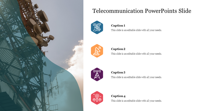 Telecommunication slide with a background image of a broadcast tower and four colored icons with captions on the right.