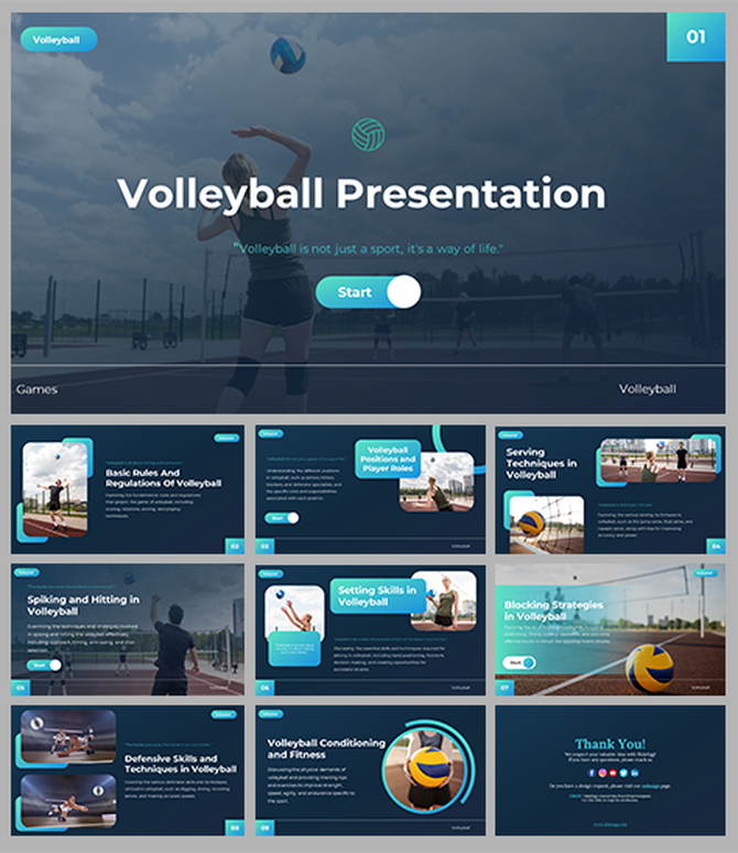 Slide deck design showcasing volleyball graphics with sections on skills, rules, and training techniques in a vibrant layout.