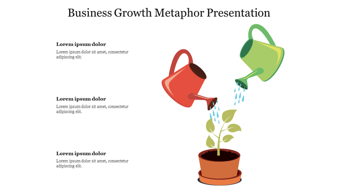 Business growth concept with watering cans nourishing a plant in a pot, aligned with text sections.