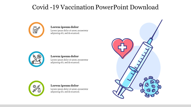 Illustration of  covid 19 vaccination with a large syringe, a red heart with a medical cross, caption areas and a virus icon.