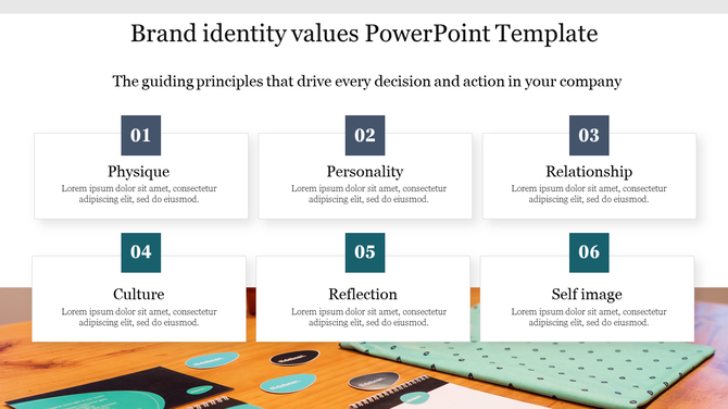 Brand identity values PowerPoint template showcasing six key principles with numbered icons and captions.