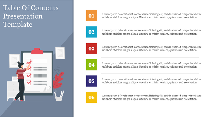 Illustrated table of contents template with six colorful steps and a left-side image of a woman checking boxes on a clipboard.
