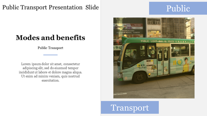 Public transport presentation slide featuring a green bus image on the right, with blue accents, and text on the left.