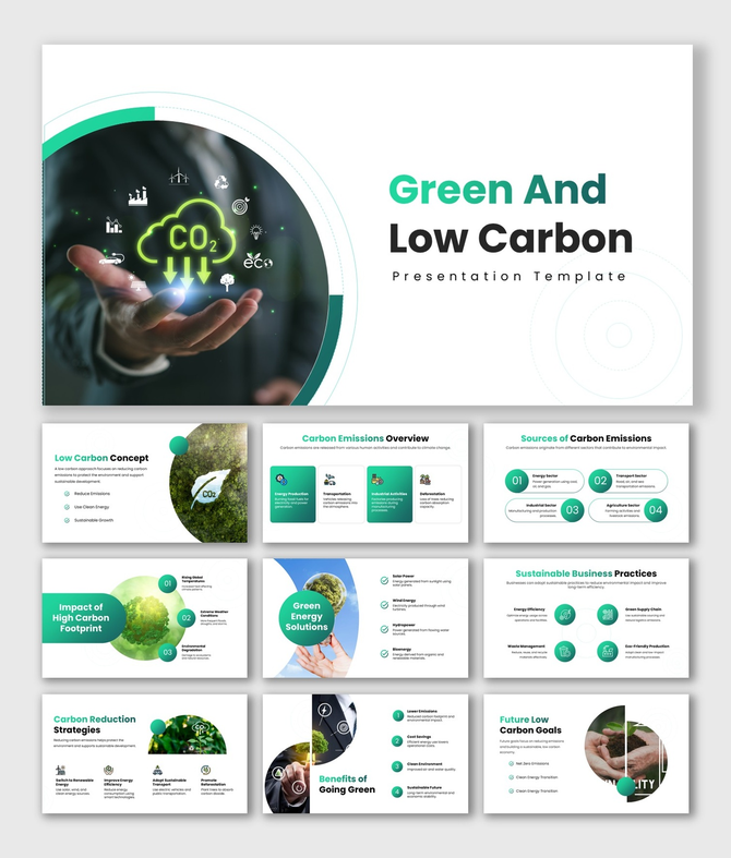 Green and low carbon slides with green theme, CO2 icon, eco visuals, charts, icons, shapes, and clean layouts for insights.