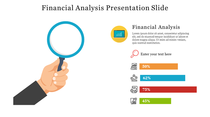 Financial analysis slide with a hand holding a magnifying glass on the left and colorful percentage bars with icons on the right.