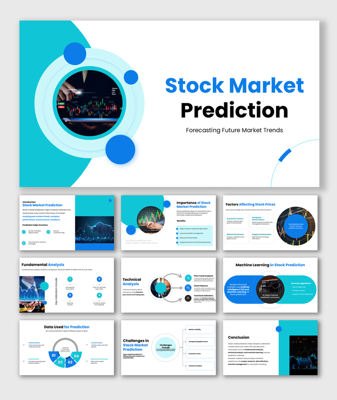 Stock market prediction PPT explaining forecasting methods, factors affecting prices, technical analysis, and AI models.