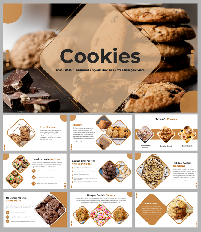 Cookies PPT featuring multiple slides with images of cookies, baking tips, and recipe ideas with text descriptions.