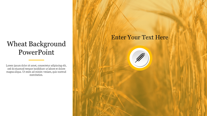 Golden wheat background with a central wheat icon, and a left text area on a white background.