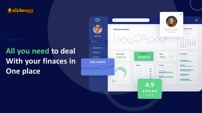 Finance dashboard slide with graphs, icons, and profile images in circular frames, using a dark blue and green color scheme.