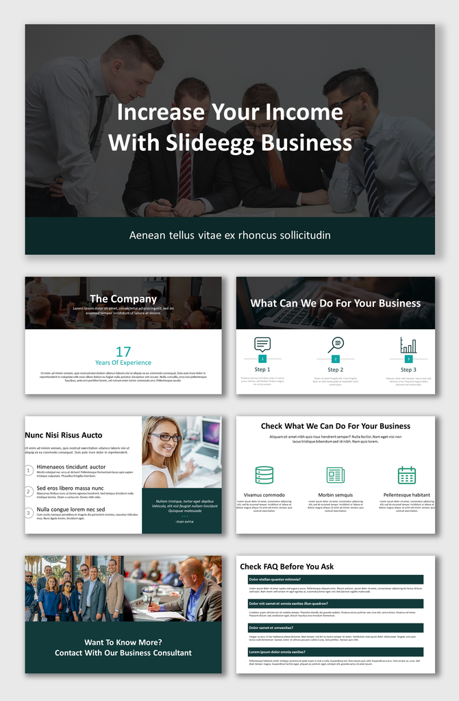 A collection of business growth presentation slides with a team of professionals discussing Slideegg Business solutions.
