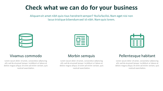 A slide with a bold header and three-column layout highlighting business offerings with green line icons.