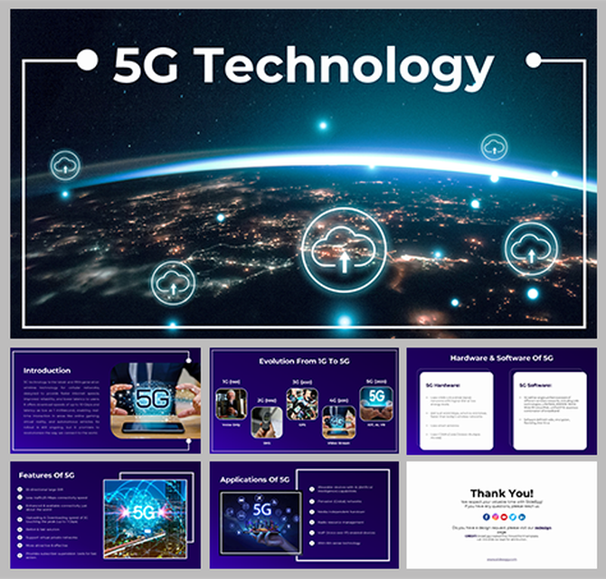 5G technology slide deck showing earth with network icons, sections on features, evolution, and applications in blue tones.