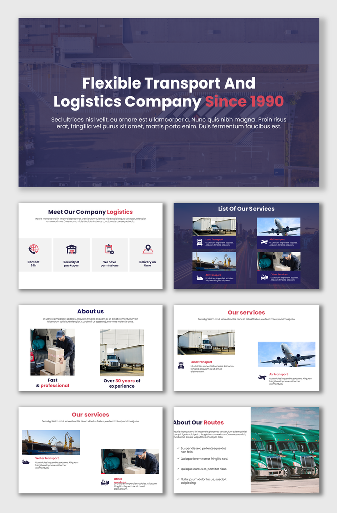 Slide deck for a logistics company including service list, delivery promises, team experience, and transport method visuals.