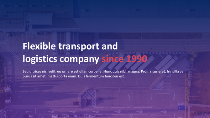 Purple gradient overview of a transport hub with text describing a logistics company experience and services since 1990.