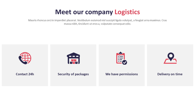 Logistics company slide with four icons in red and blue, arranged horizontally in a squar blocks, on a white background.