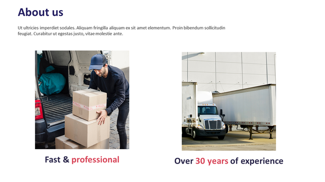 About us slide for logistics company highlighting fast service and over 30 years of experience with images of delivery.