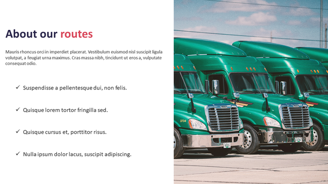 Slide about logistics company routes with green freight trucks and a list of route details.