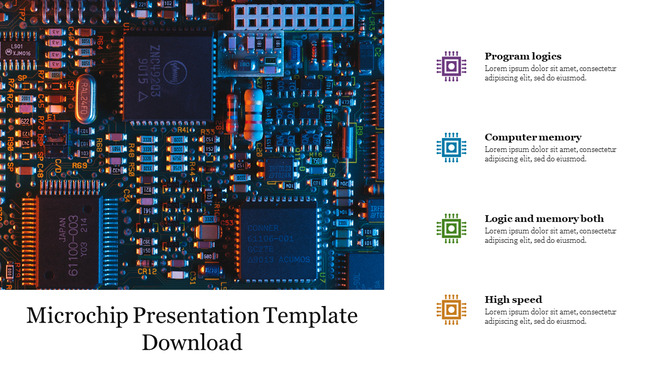 Detailed microchip circuit board in blue and orange gradient, paired with four colored icons with text on the right.