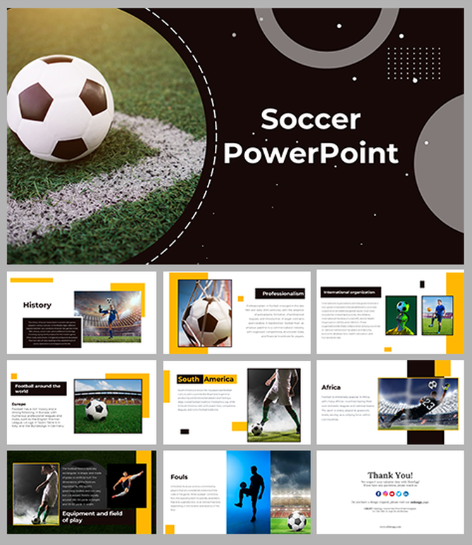 Slide deck featuring images of soccer fields, players, and geometric accents in yellow and white.