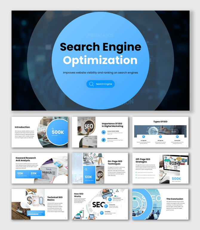 SEO presentation with blue circle design, analytics charts, keyword data, and content strategy visuals.