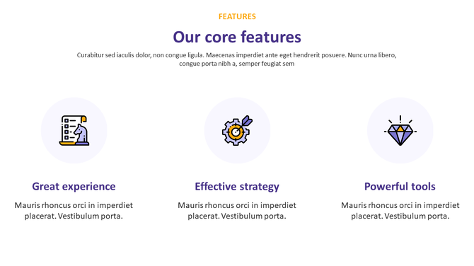 Core features slide with three icons representing experience, strategy, and tools, each with a title and short description.