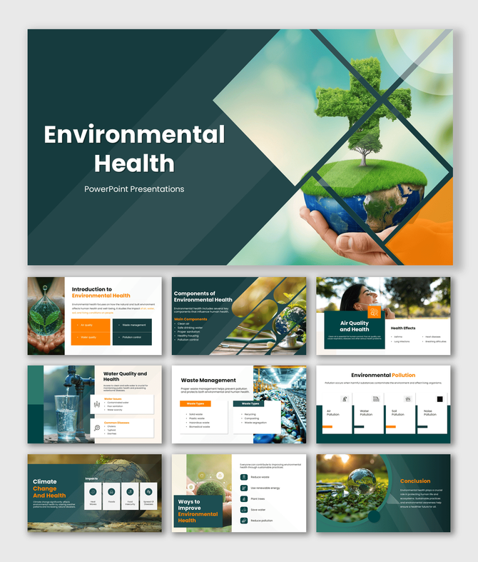 Environmental health presentation covering air quality, water safety, waste management, pollution, and health impacts.