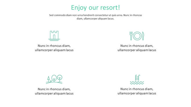 Resort themed layout with green icons representing amenities like dining, pool, nature, and castle attraction.