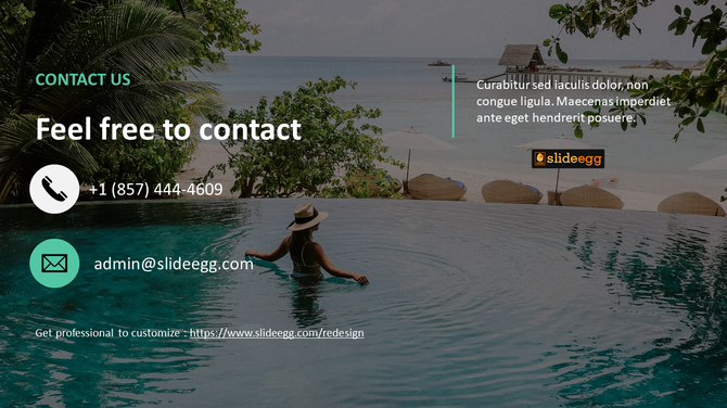 Contact slide with a tropical beach background, showing a person in a pool, phone, email icons, and contact information.