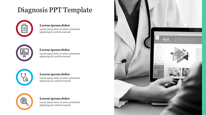 Diagnosis slide with doctor using a tablet on the right and four icons with placeholders text areas on the left.