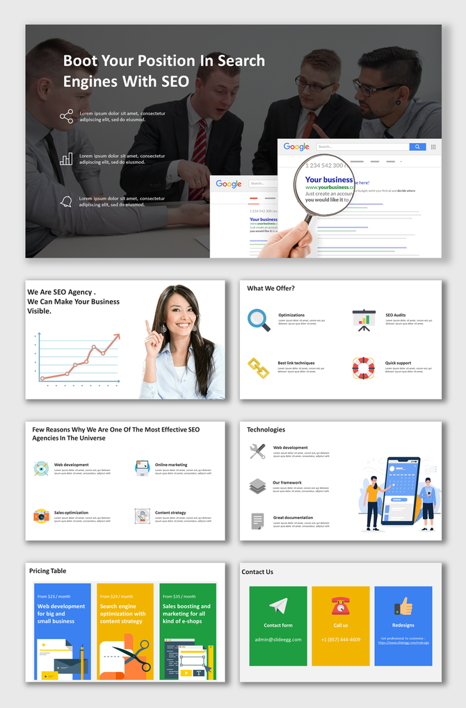 SEO agency slides featuring team discussions, service offerings, pricing table, technologies, and contact details.