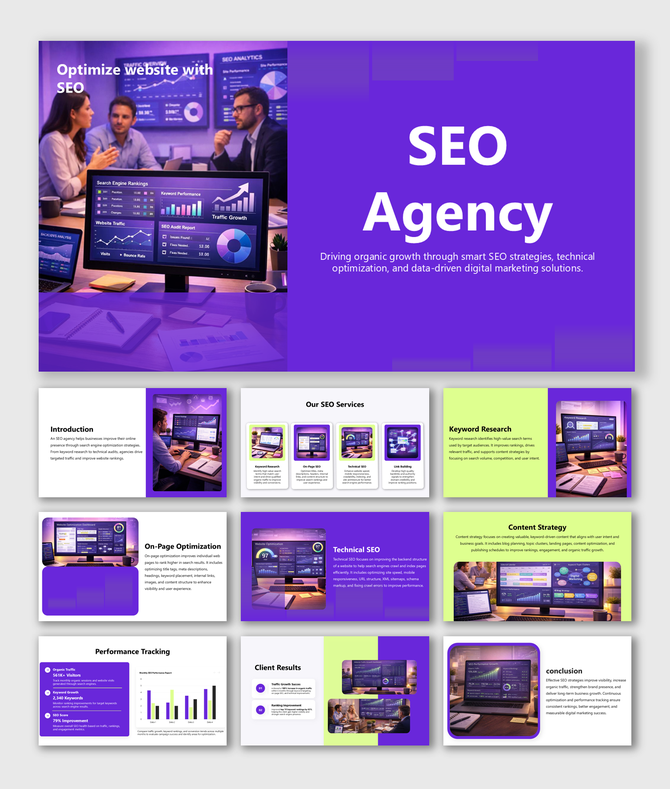 SEO agency presentation covering keyword research, technical optimization, content strategy, and performance tracking.