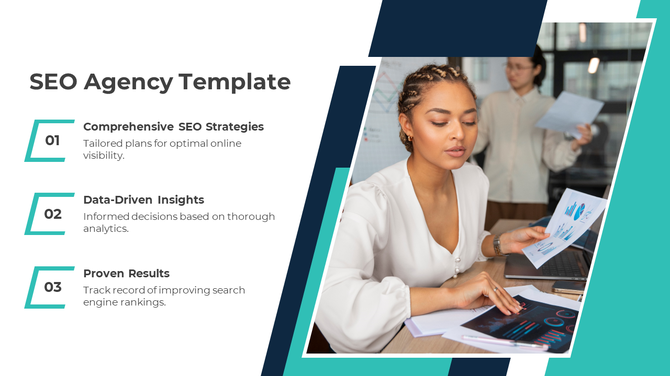 SEO agency slide showing three core services with numbered icons alongside a business professional analyzing data charts.