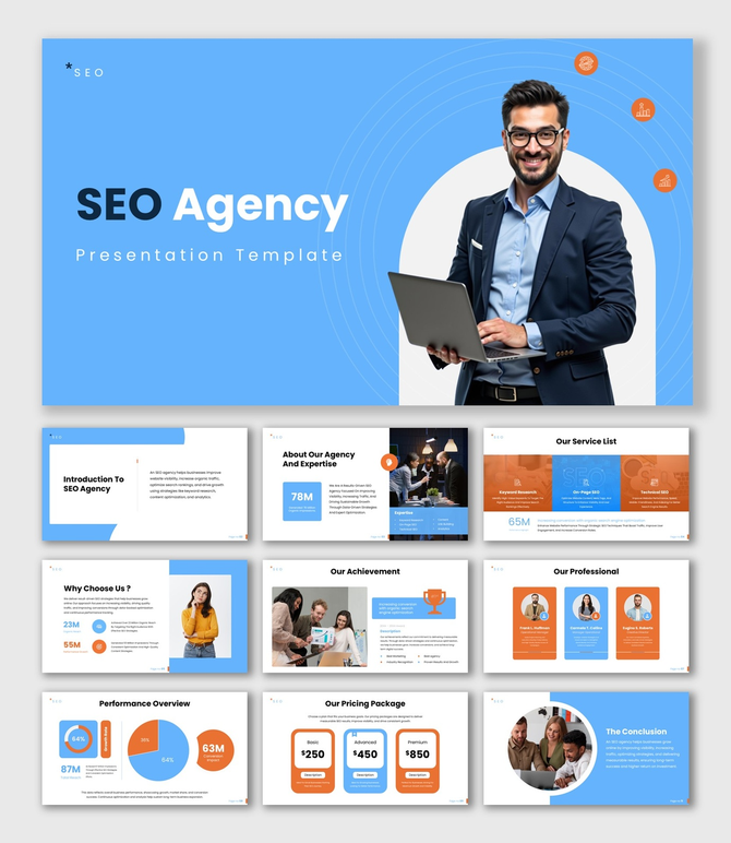 The SEO Agency template showing expert with laptop, blue layout, service list, pricing plans, and analytics charts.