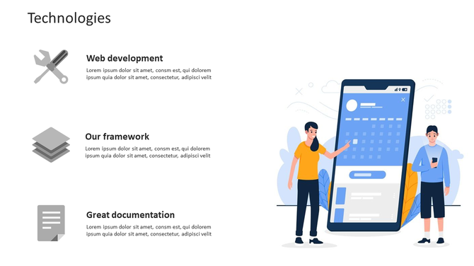 Illustration of a mobile app interface with two individuals interacting beside a large smartphone, and seo technology icons. 