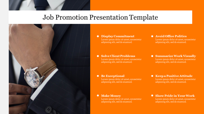 Job promotion slide featuring a businessman adjusting his suit and key promotion tips with text area on an orange backdrop.