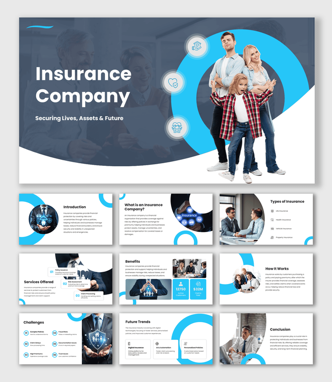 Insurance Company PowerPoint Template with blue theme, family image, circular shapes, icons and clean slide layouts.
