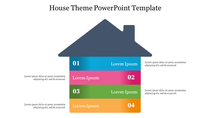 Colorful house shaped PowerPoint template with colorful sections labeled 01 to 04, each containing placeholder text.