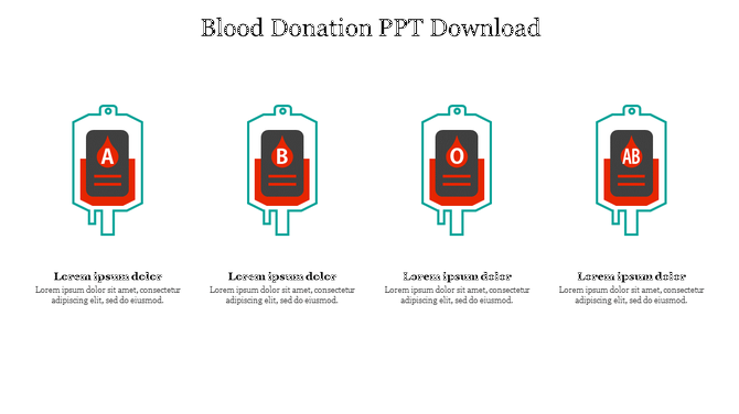 Four blood donation bags in teal outline, each labeled with A, B, O, and AB, with description below.
