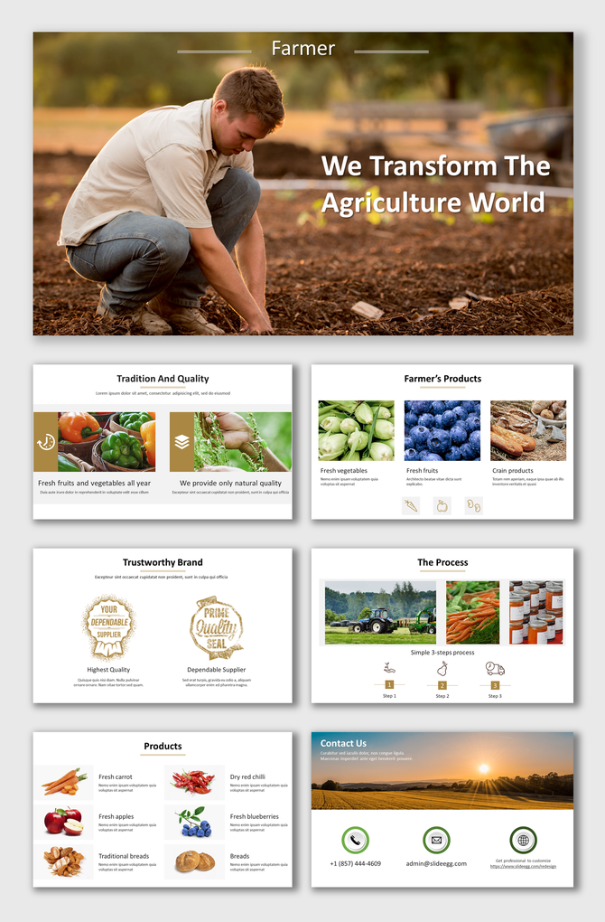 Slide deck featuring agriculture themed layouts, including images of fresh produce, tractors, and fields in vibrant tones.
