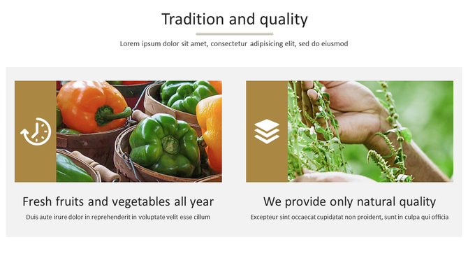 Agricultural slide featuring images of vegetables and plant inspection, with icons and descriptions for quality assurance.