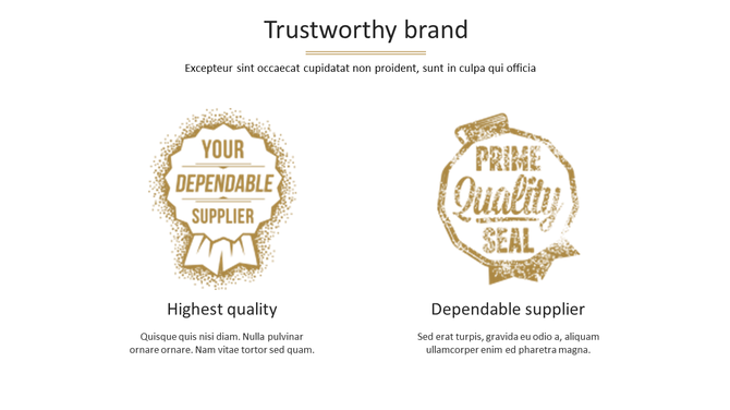 Trustworthy brand slide featuring two stamps one for a dependable supplier and another for prime quality, with text.