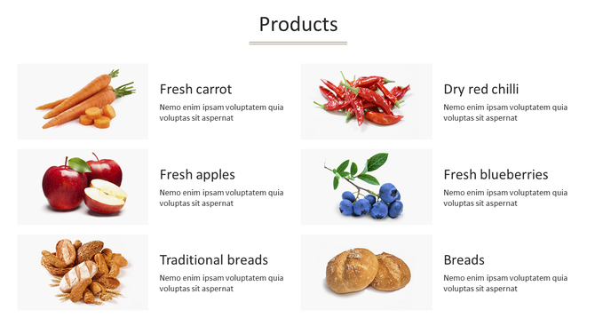 Product showcase slide with images of fresh vegetables, fruits, and breads, along with names and placeholder text areas.