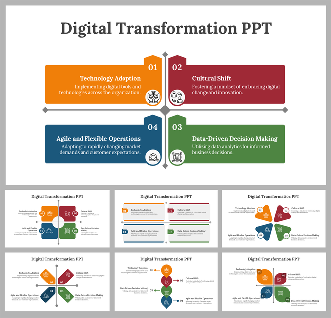 Slide deck with colorful blocks in yellow, red, green, and blue, with icons illustrating aspects of digital transformation.