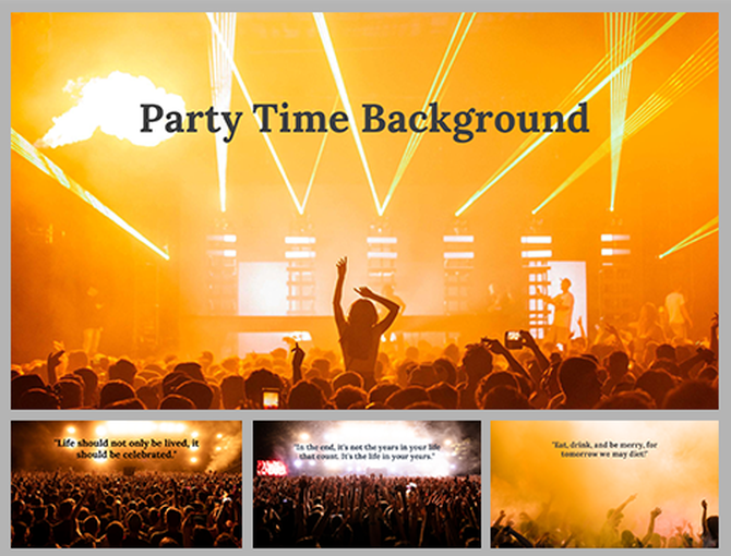 Crowd celebrating at a party with orange and yellow lighting and a central figure raising hands and slides with quotes.