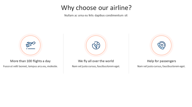 Airline service slide benefits with icons showcasing daily flights, global reach, and passenger support in a clean layout.