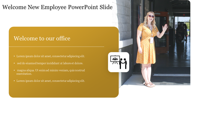 Welcome slide with yellow content box, office icon, four bullet points, and a smiling woman in yellow dress waving.