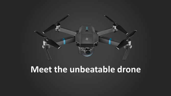 Modern drone with sleek design and blue accents, centered on a dark gradient backdrop.
