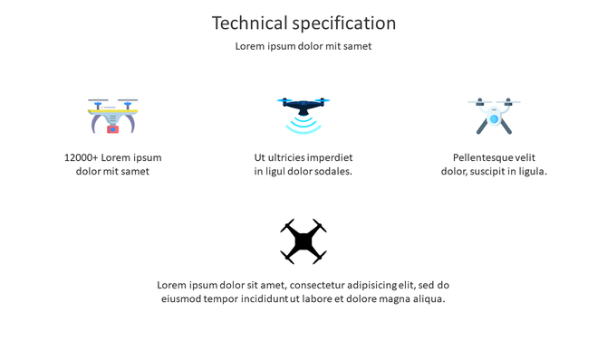 Technical specification slide featuring icons of different drone models with placeholder text describing each feature.